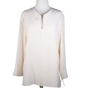 Lafayette 148 Women's Large Ivory Silk Long Sleeve Slit V-Neck Blouse Tunic Top